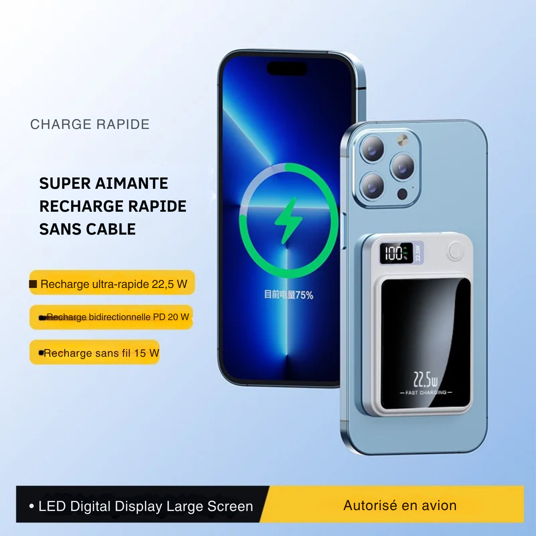 Power Bank Magnétique Sans Fil 22.5W – Recharge Ultra Rapide & Portable